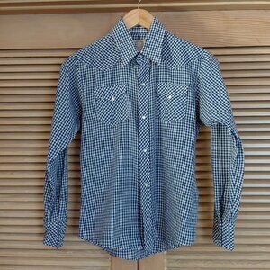 Vintage 1980s 1970s Western Navy Blue Gingham Pearl Snap Long Sleeve Shirt XS/S